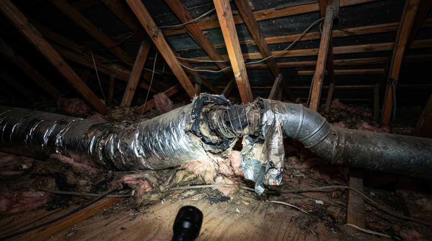 Disconnected and crushed flex duct found during an attic inspection in a Florida home