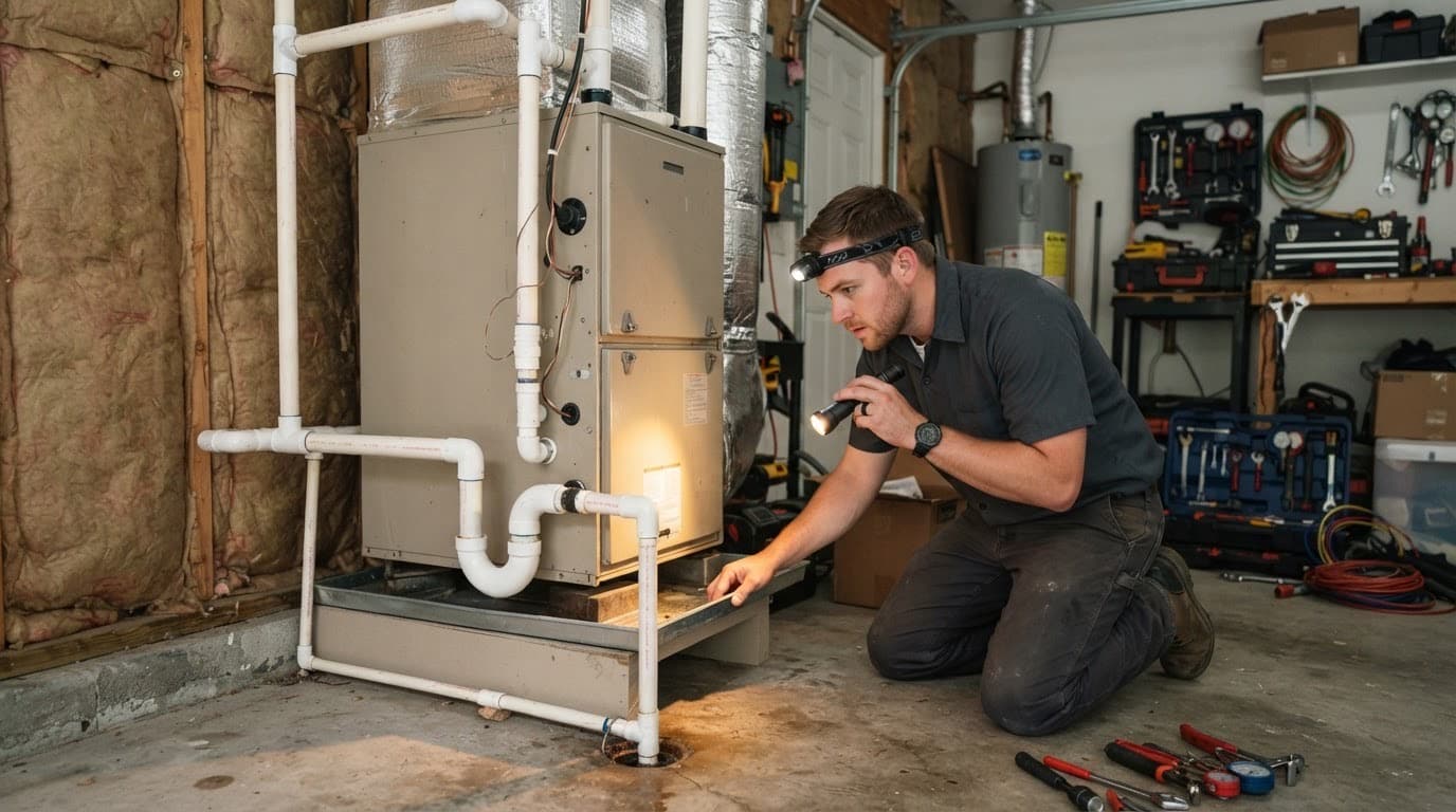 Technician checking the condensate drain line on an air handler in a garage