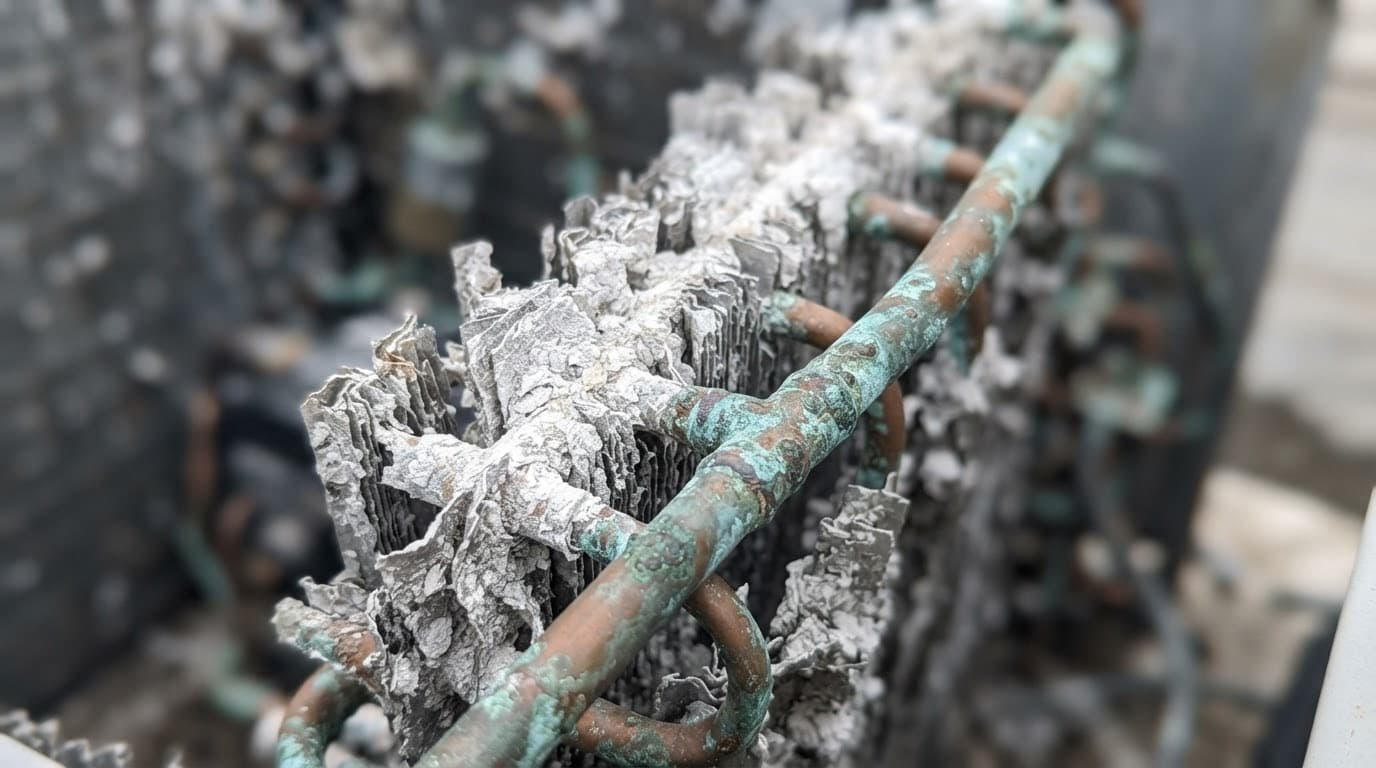 Close-up of corroded aluminum AC coil fins and copper lines from coastal salt air