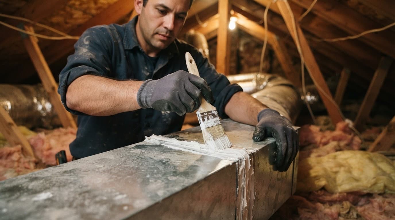 Technician sealing a duct seam with mastic in a Tampa attic