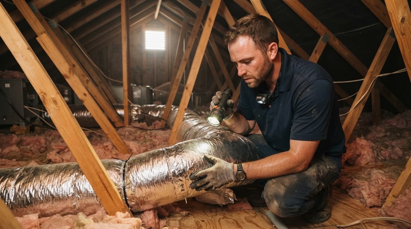 FL HVAC Team technician inspecting attic ductwork in a Tampa home