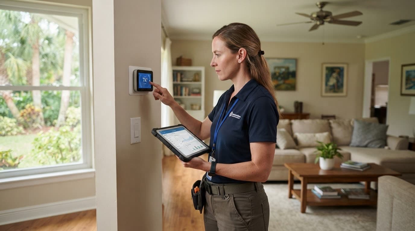 Energy advisor checking a thermostat during a home energy check in Tampa
