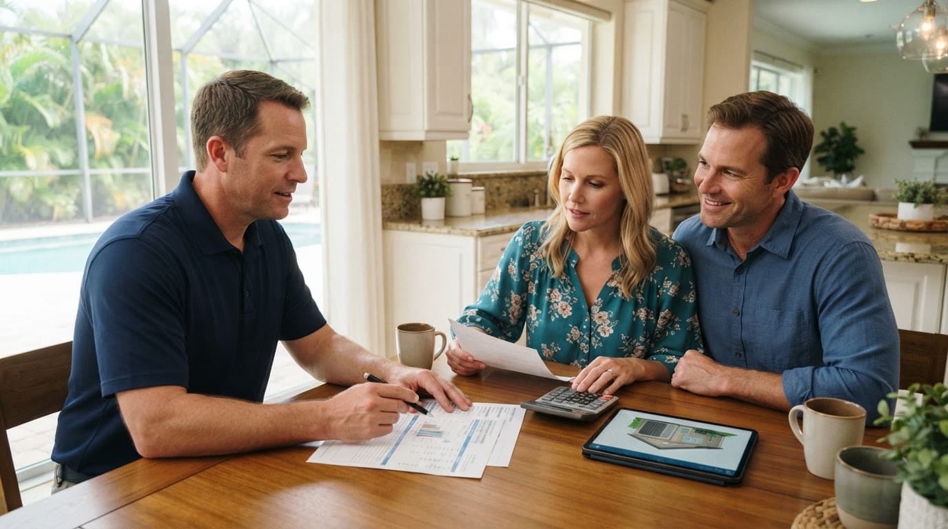 Tampa homeowners reviewing HVAC financing and rebate options with an advisor