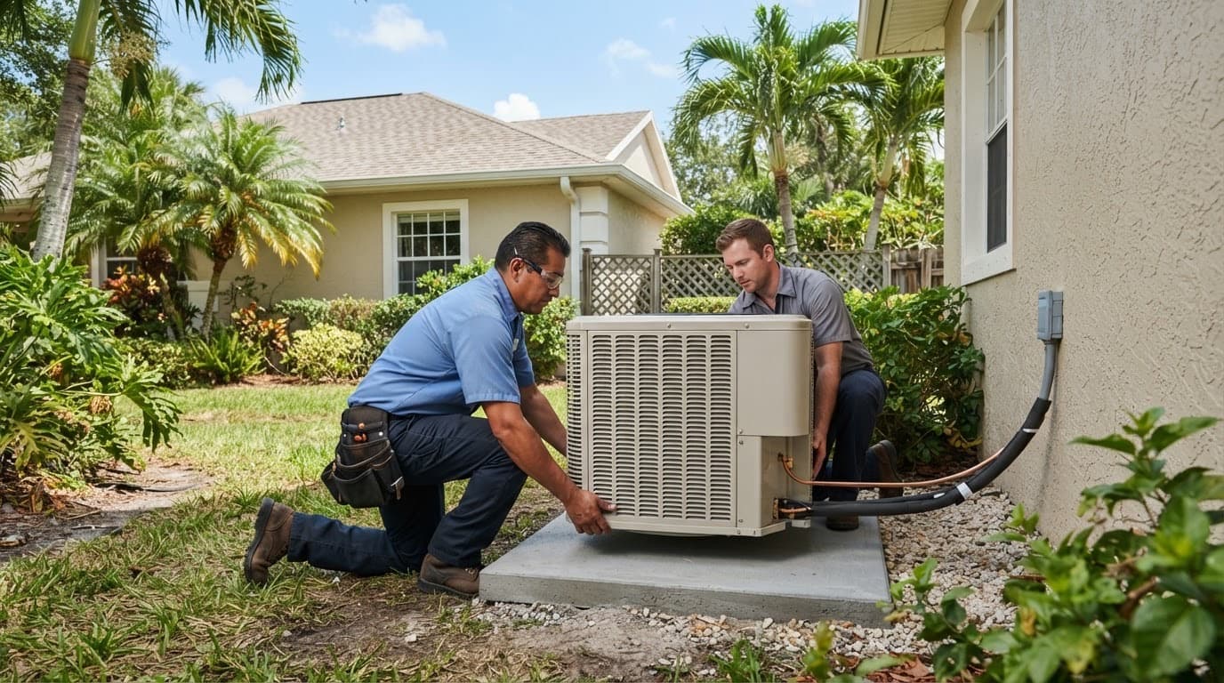 Installers setting a new AC condenser at a Florida home