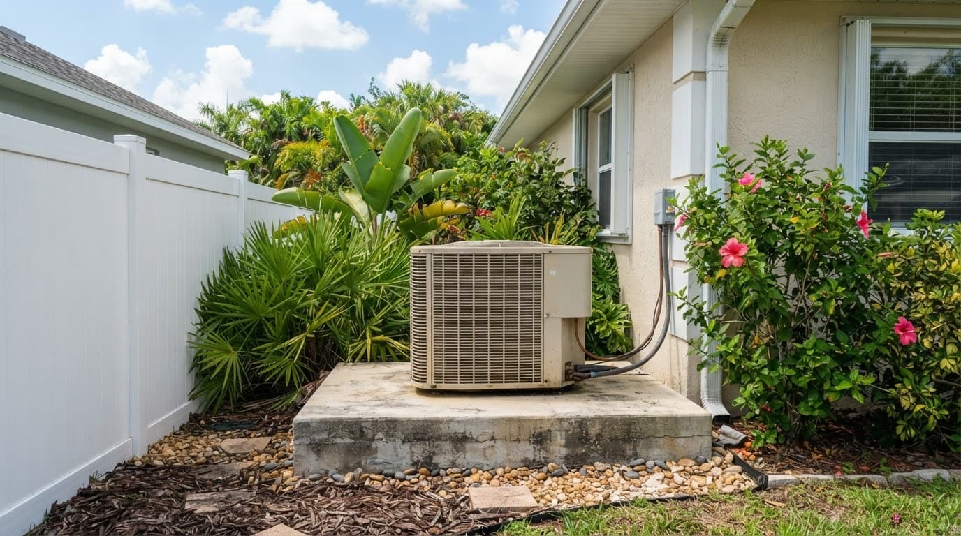 Outdoor AC unit on a raised pad sheltered by a fence and shrubs to reduce salt spray