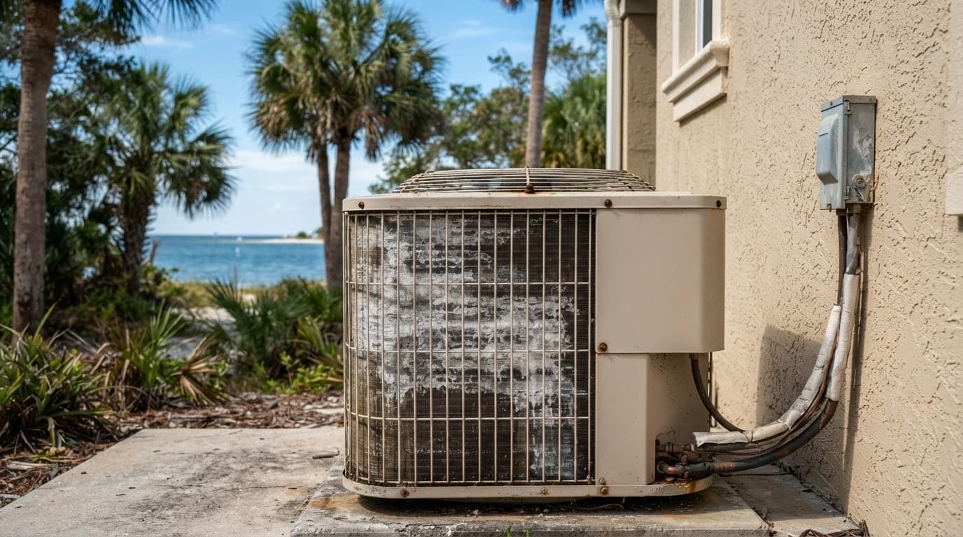 Outdoor AC condenser near the water in Pinellas County exposed to salt air