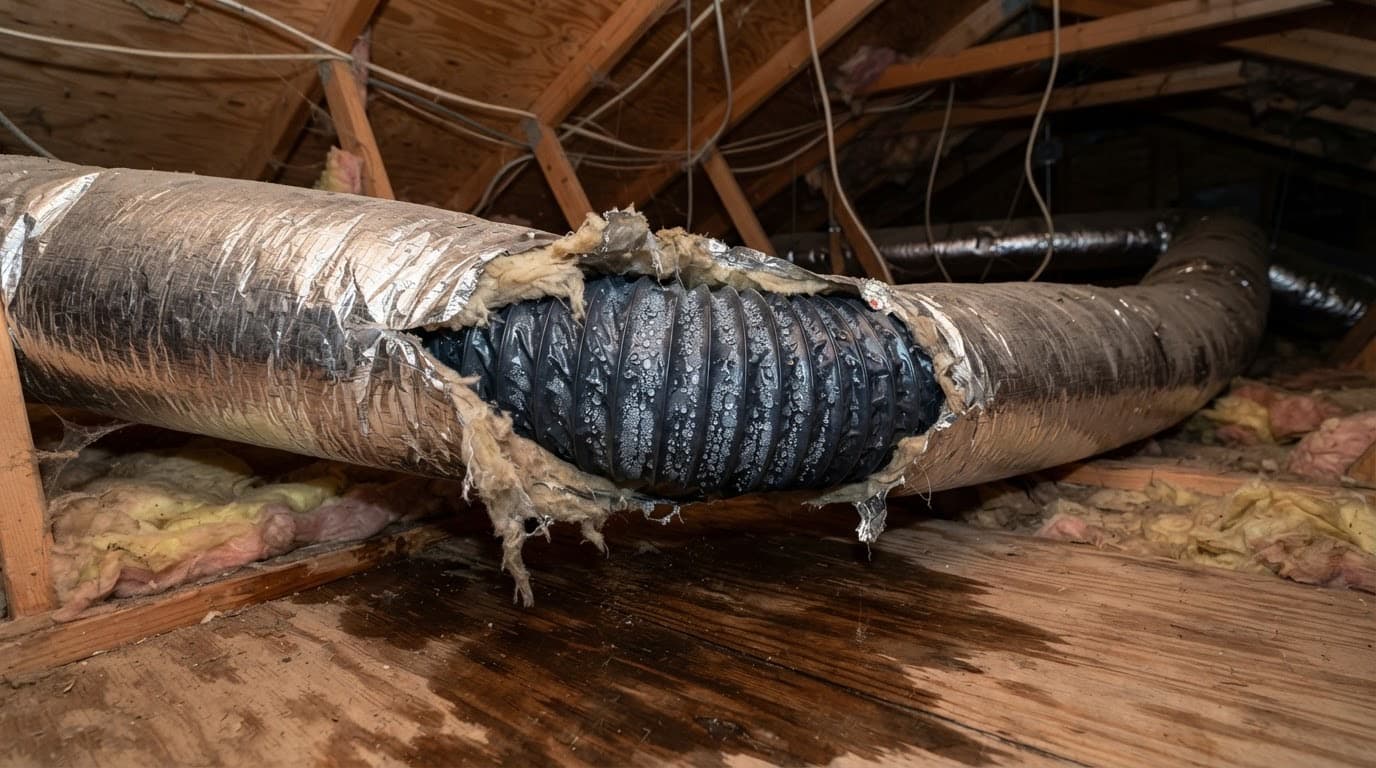 AC duct with torn insulation sweating in a Florida attic
