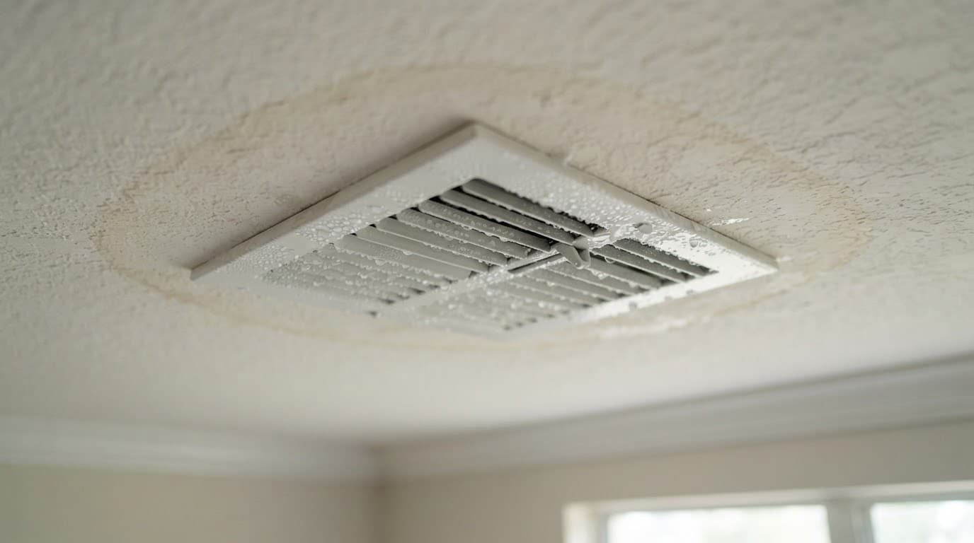 Condensation and a water stain around a ceiling AC vent in a Tampa Bay home in winter